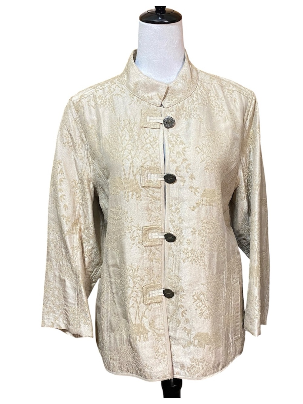 Chico’s Silk Brocade Mandarin Collar Jacket in Champagne
